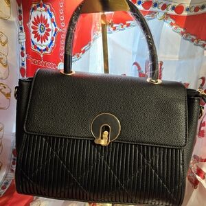 Black Leather Shoulder Bag with Gold Clasp